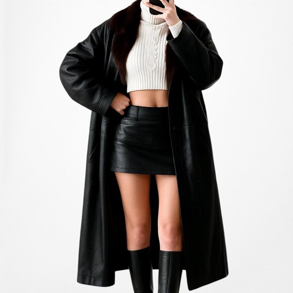 Vintage Y2K Black Leather Shoulder Padded Button Front Coat Jacket Size M - Picture 2 of 7